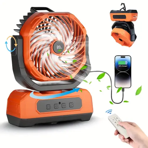 portable rechargeable camping fan camping battery powered fan remote control 270 90 rotation bedroom fan trekking camping with 4 color led lanterns outdoor camping variable fan light with hook for outage construction site