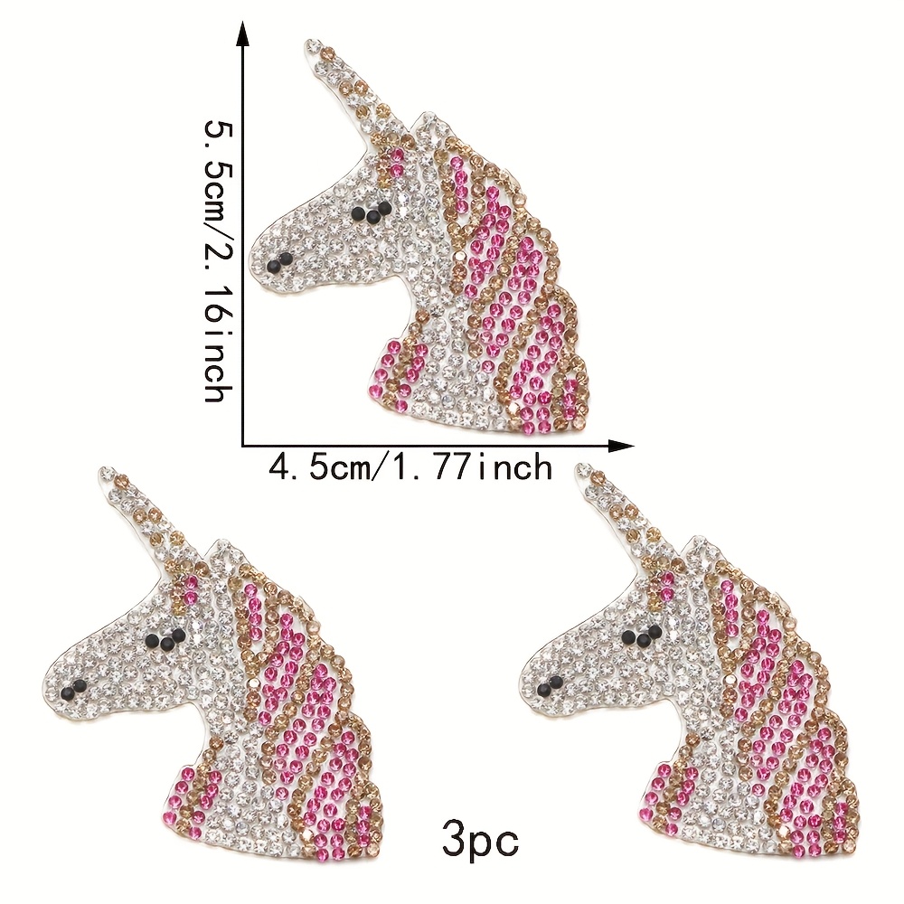 Image of Set Of 3 Unicorn Rhinestone Iron-on Patches With Colorful Crystal Sequins, Bling Embroidered Designs For Clothing, Jeans, Jackets, Handbags, Shoes, And Decoration