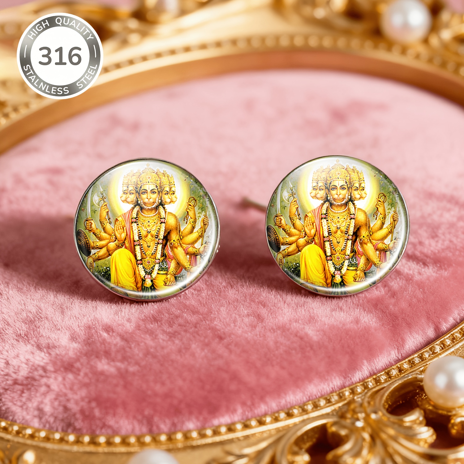 2pcs Set Hanuman No-Piercing Ear Studs, Gold