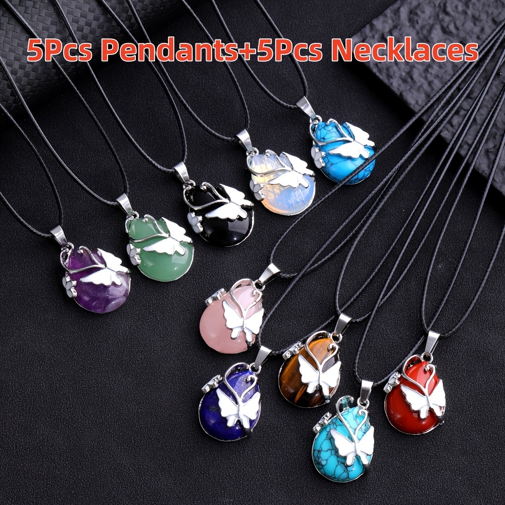 TEMU 5pcs Elegant Synthetic Gemstonestone Pendant Necklace Set - Handcrafted Pendant And Black Cord For Fashion Men's And Women' Wear Gift Random