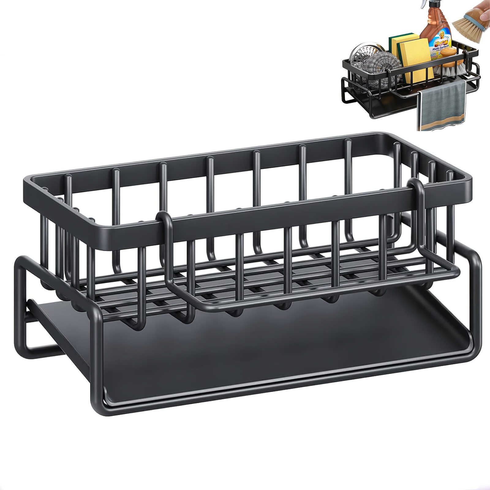 TEMU 2pcs Rustproof Metal Kitchen Sink Caddy Organizer , Dish Soap Dispenser, And Detachable Dishcloth - Storage For Brushes And Cleaning Supplies