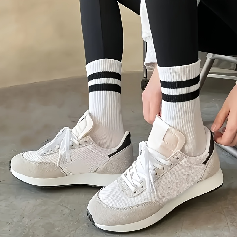 

3pcs Striped Athletic Crew Socks - Comfortable & Breathable Polyester Mid-calf Socks, Ideal For Sports & Casual Wear, Knit Fabric, /, Cute Socks