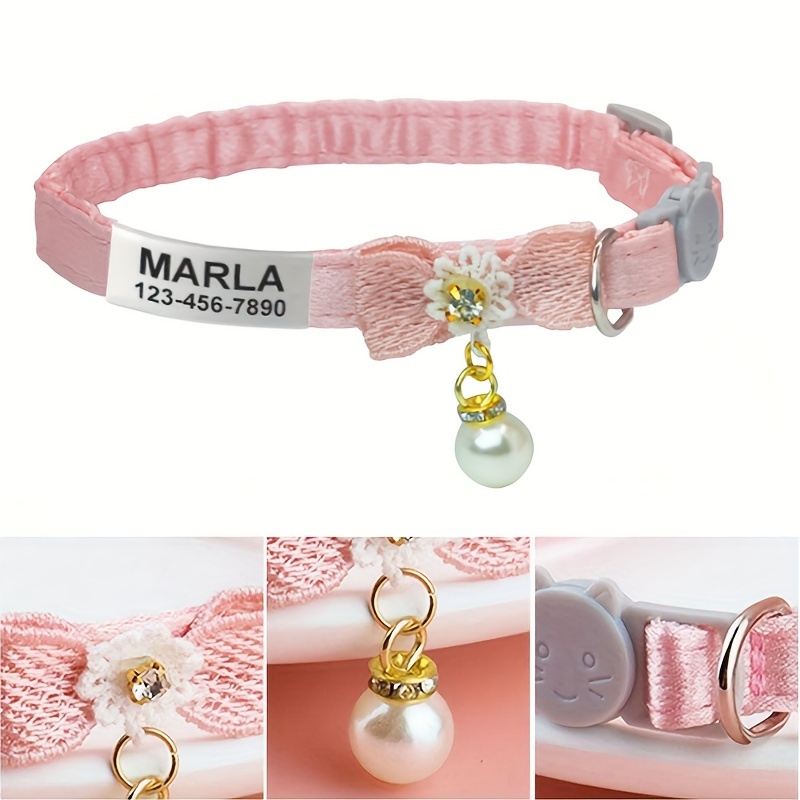 TEMU Personalized Cat Collar With Bow & Faux Pearl Pendant - Adjustable, Anti-choke Design With Cartoon & Custom Engraved Id Tag For , Contact & Address