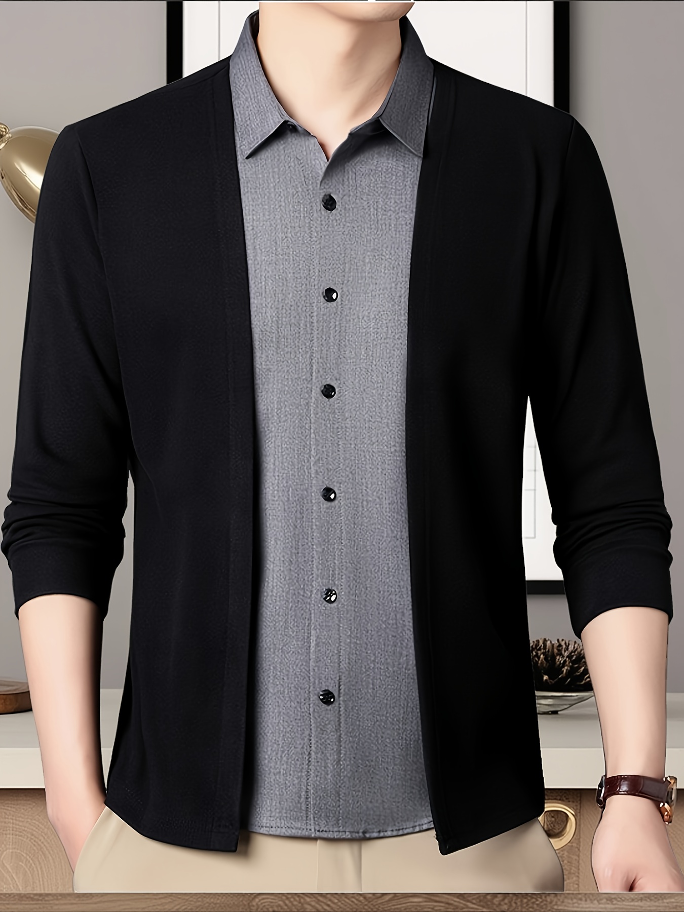 mens spring autumn   lapel collar 2 in 1 look casual shirt