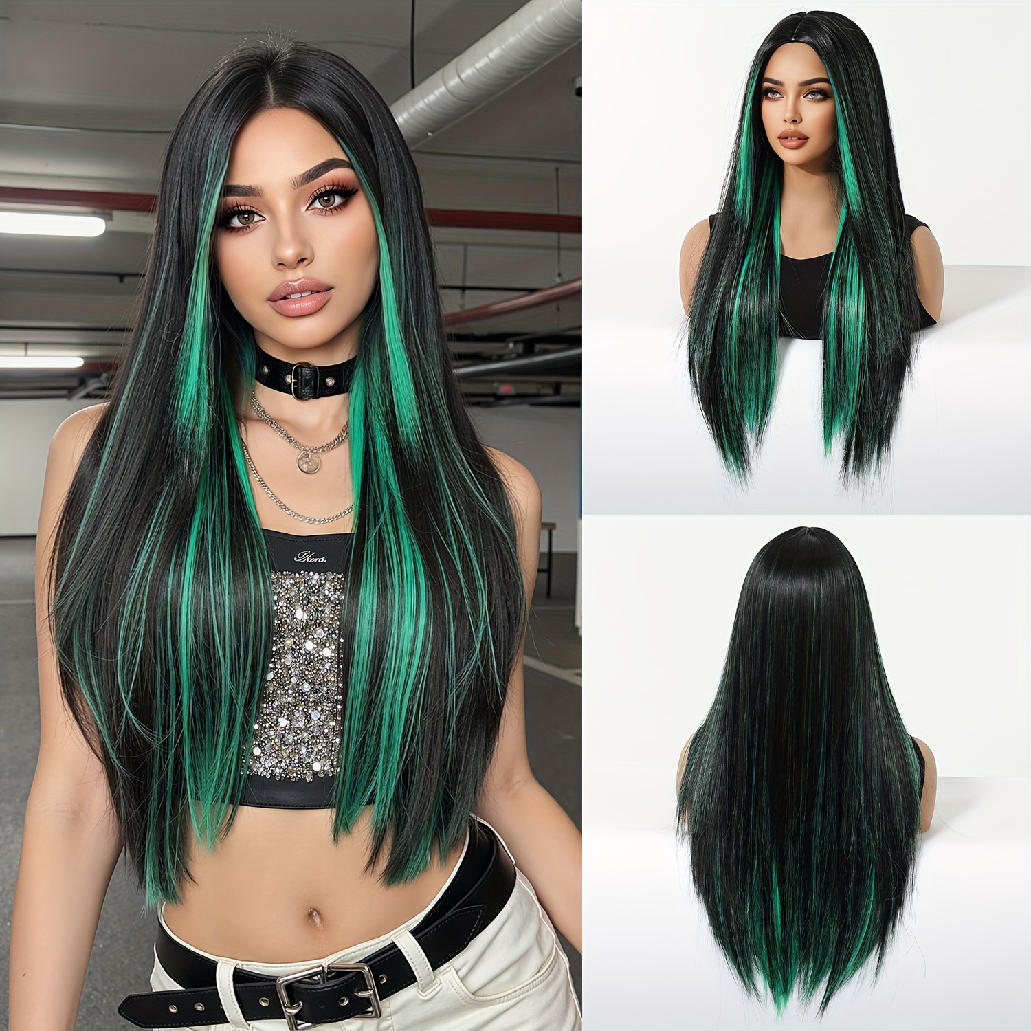 26-inch Women's -looking Straight Black & Green Highlight Wig - -resistant Fiber Long Hair With For, Parties, Daily Wear - Volume & Scalp Coverage Suitable For Occasions & Events