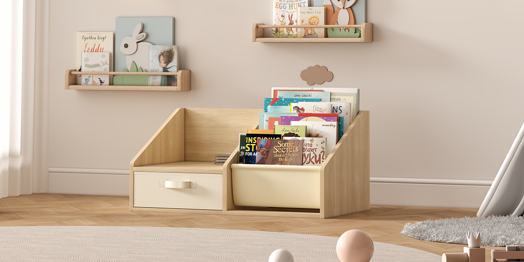 ! 5-Pocket Fabric Toddler Bookshelf + Drawer, Easy Assembly, Nursery & Playroom Reading Corner Storage Must-Have, Limited Time Offer