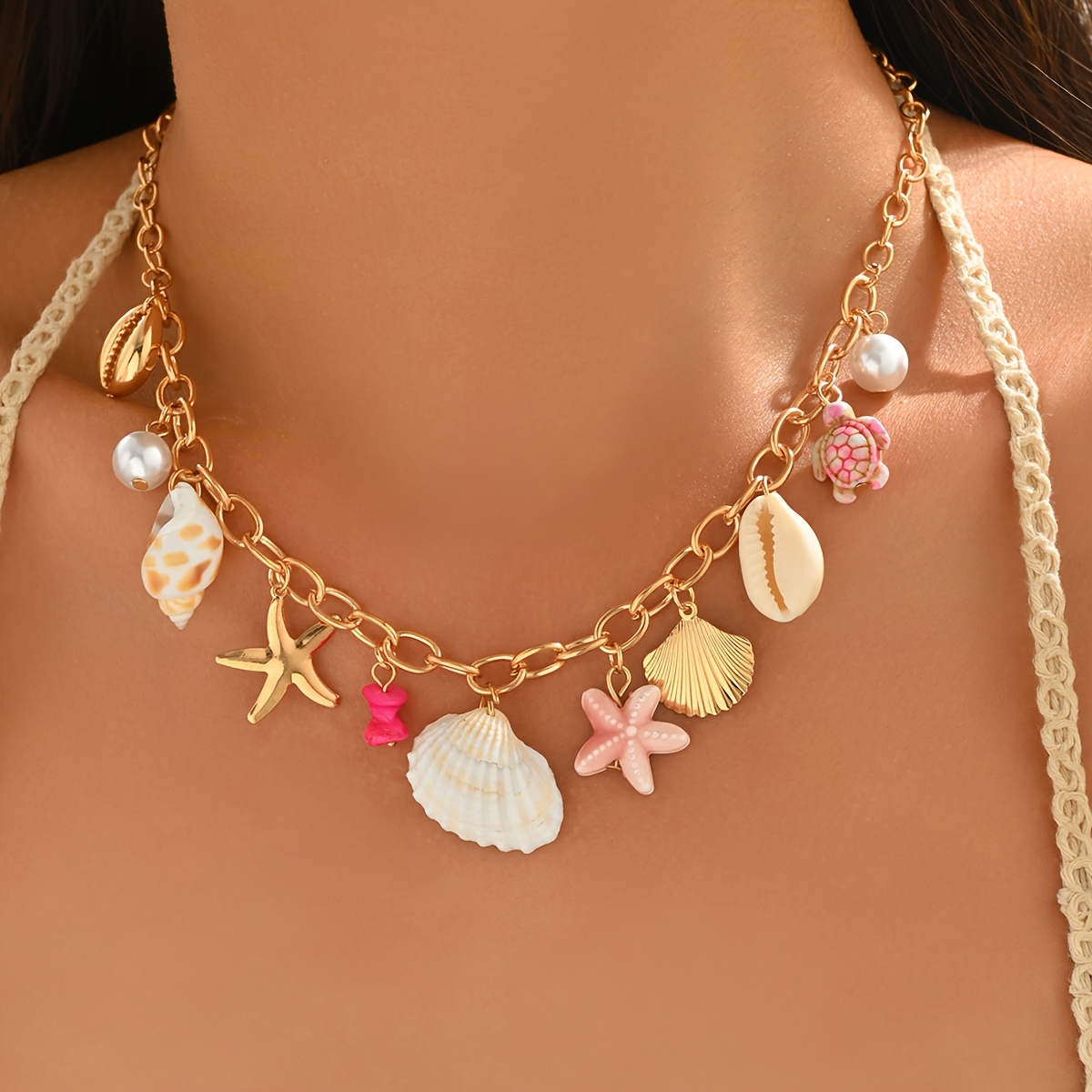 TEMU Collier Bohème Femme avec Breloques Océan, Chaîne avec Pendentifs & Étoile de Mer Plaqué Or, Bijoux d'Été Vacances pour Femmes