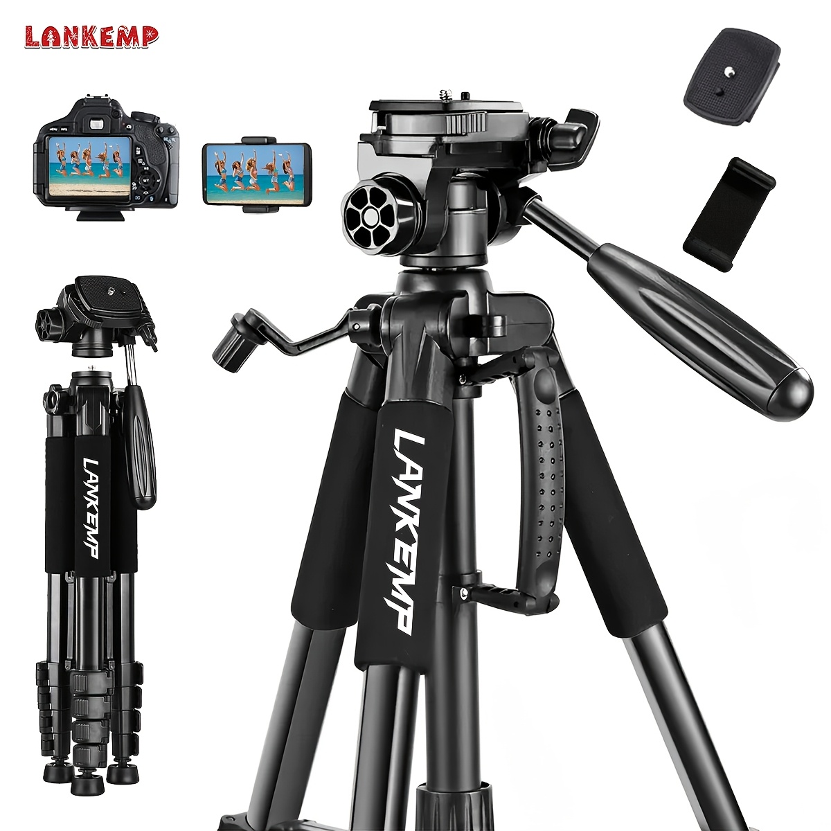 Image of 75" Camera Tripod Stand, Heavy Duty Tripod For Camera With Phone Holder And Travel Bag, Compatible With Video Camera, Dslr, Scopes, Camcorder, Cell Phone, 11lb (red..black.orange) Lankemp