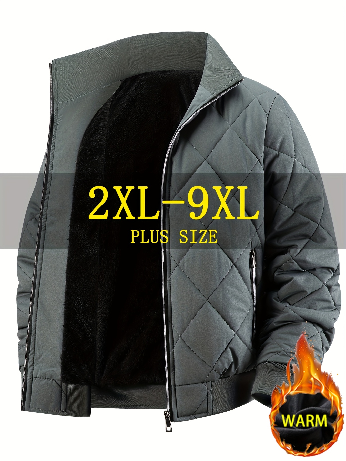 item picture plus size mens jacket fall winter fleece lined jacket coat fleece thickened coat 2xl 9xl plus size winter warm winter wear stand collar zipper front zipper pockets ribbed cuffs suitable for daily  