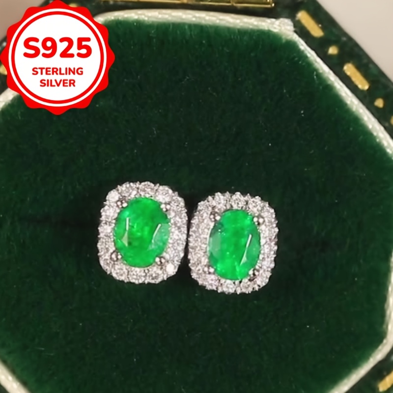 1pc s925 sterling silvery unique   emerald oval stud earrings versatile french   womens fashionable european american ear accessories   gift for her Product details 4