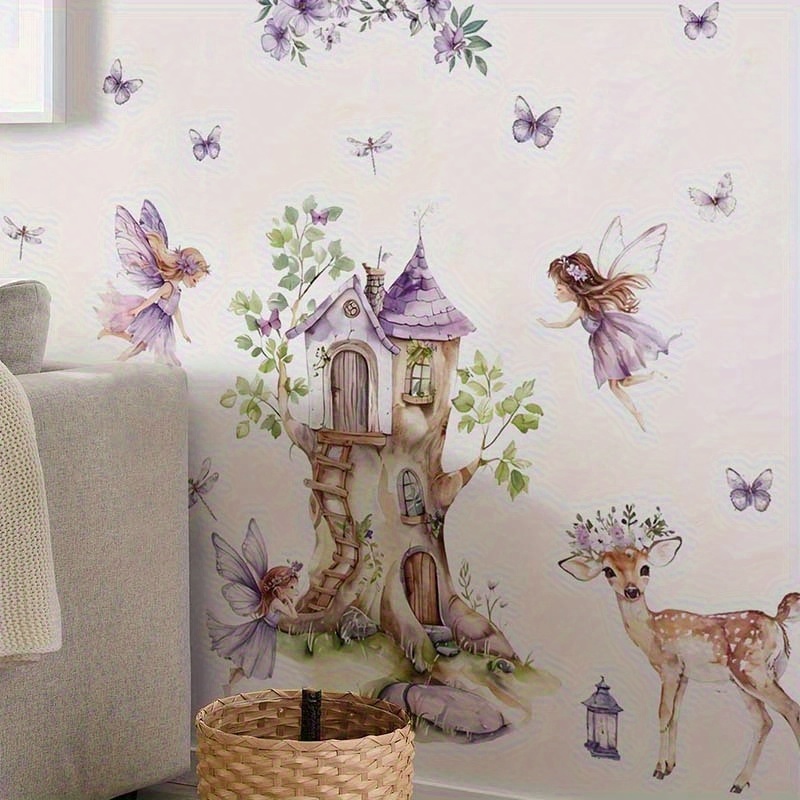 E-shop Träumende lila Baumhaus Hirsch Wandaufkleber, zur Dekoration von Wohnzimmer, Flur, Schlafzimmer, Esszimmer und Arbeitszimmer. Entfernbare,