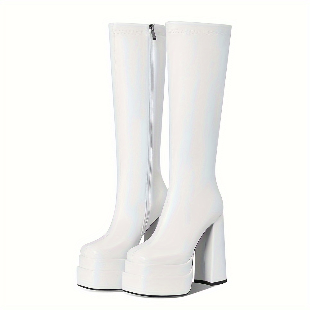 platform boots women square toe chunky high heels white gogo Temu