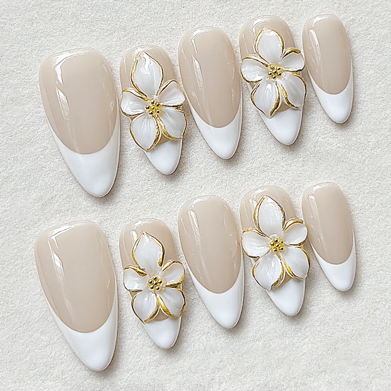 TEMU Flowers Press On Nails Almond Acrylic Nails Medium Surface Glossy Full Cover Gilding Line & 3d Steel Bead Decorate Elegant Y2k Style For Woman