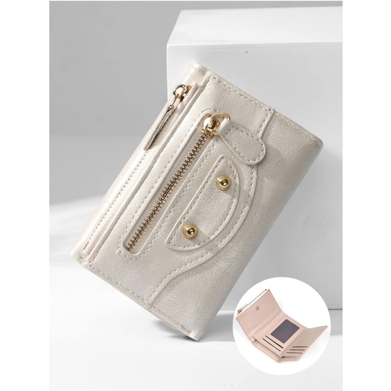 TEMU Vintage-style Women's Wallet With Rivet-decorated Zippered Coin Purse, Multiple Card Slots, And A Lightweight Cardholder
