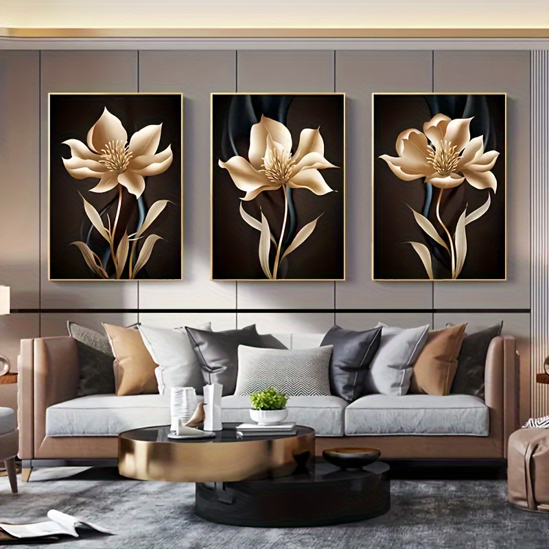 

3 Pcs Modern Canvas Painting, Gold Flowers In The Dark Posters Artwork Wall Art Pictures For Living Room Bedroom Aisle Decor (3 Set Of, No Framed)
