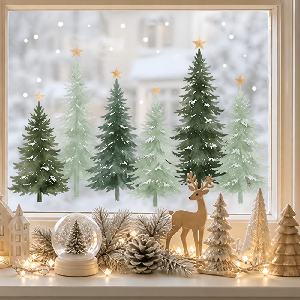 TEMU 1pc Forest-style Cool- Snow-covered Christmas Window Sticker, Pvc Material Winter Window Decal, Layered Snow-covered With On Top, Suitable For