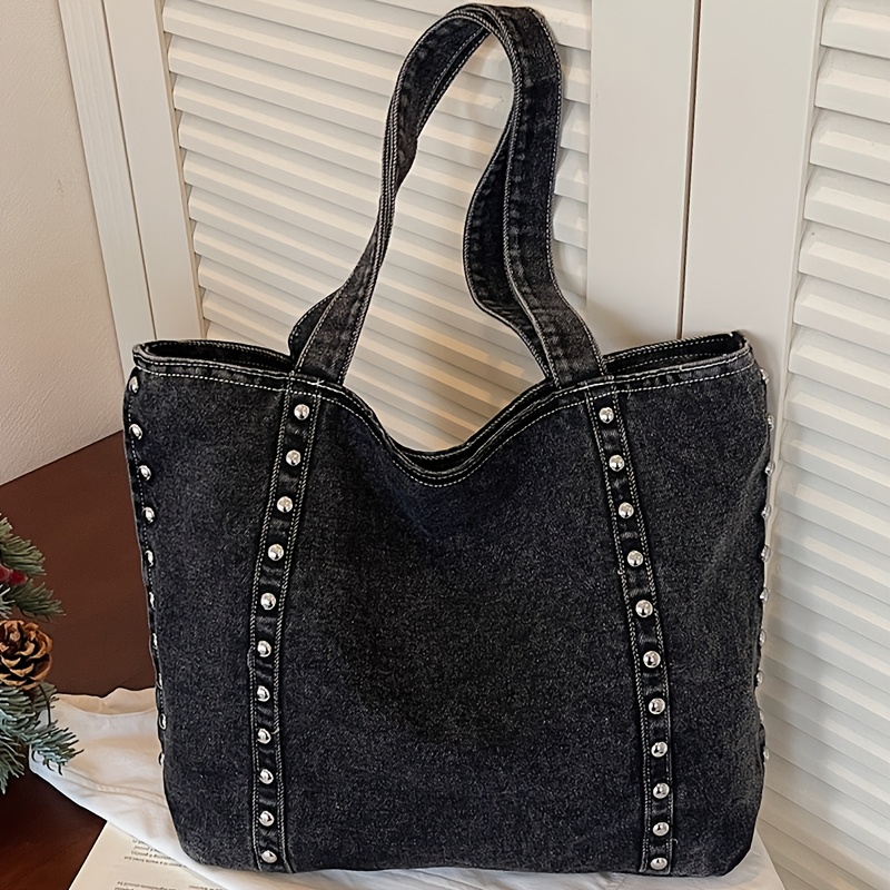 TEMU Special Style Solid Color Rivet-embellished Elegant Women'-shoulder Bag, Large Capacity Versatile Simple Casual Fashion Women's Tote Bag,