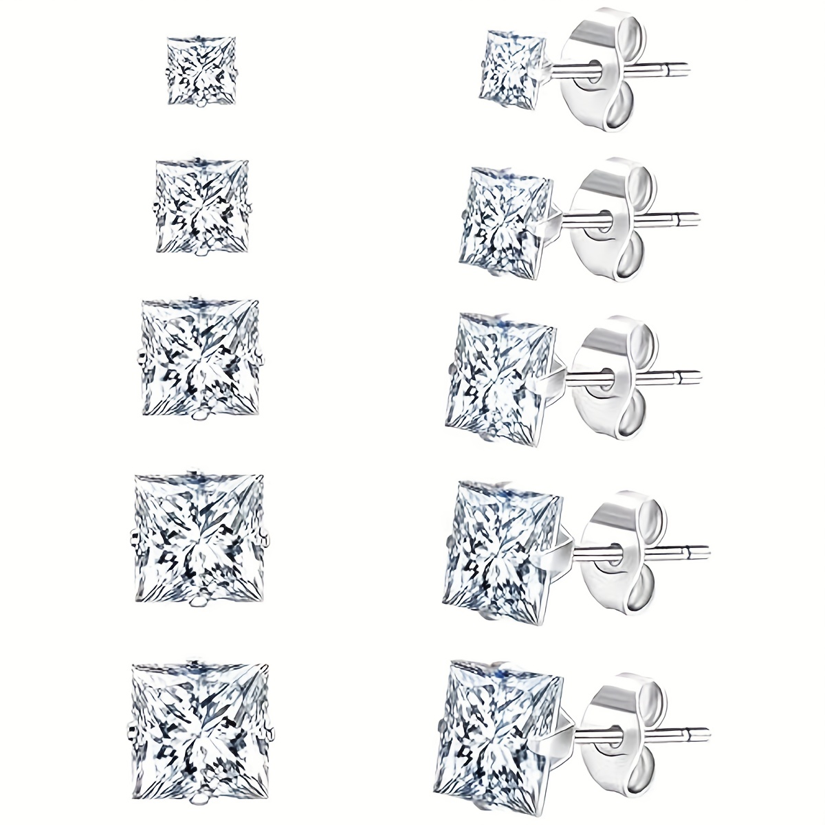 E-shop 5 Paar Ohrstecker-Set aus 304 Edelstahl für Herren Damen, quadratische Stecker mit synthetischem Zirkonia, hypoallergene trendige Ohrstecker für