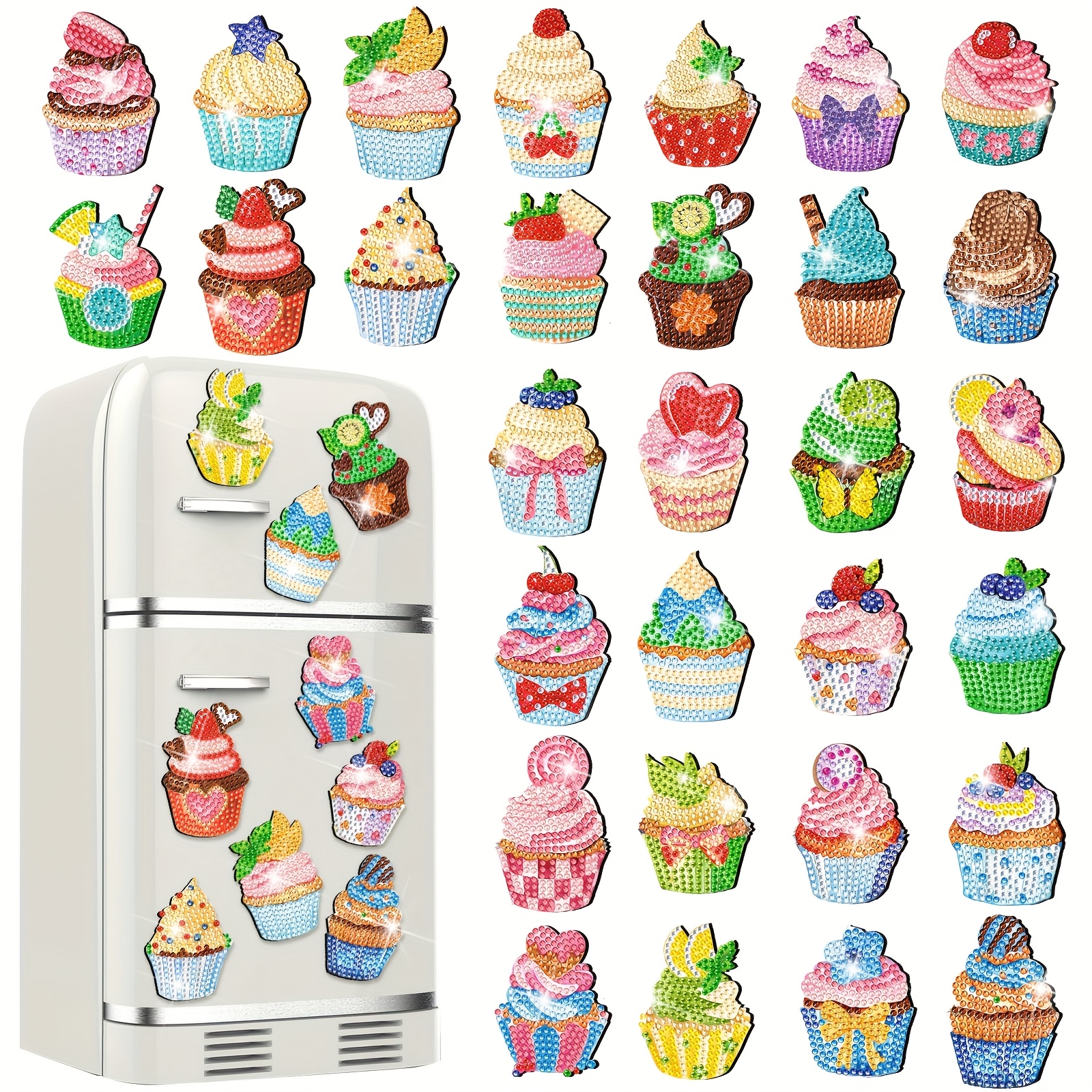 TEMU 30pcs Diamond Painting Magnets Spring Magnet Kits For Adults Flower Cupcake Cow Rhinestones Refrigerator Stickers For Fridge Diy Gifts(cupcake),