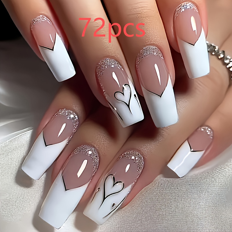 TEMU 72pcs Romantic Press-on Nails With , Glossy Finish, Holiday Elements, Medium-length Square Shape, Suitable For Light Light Beige, Black