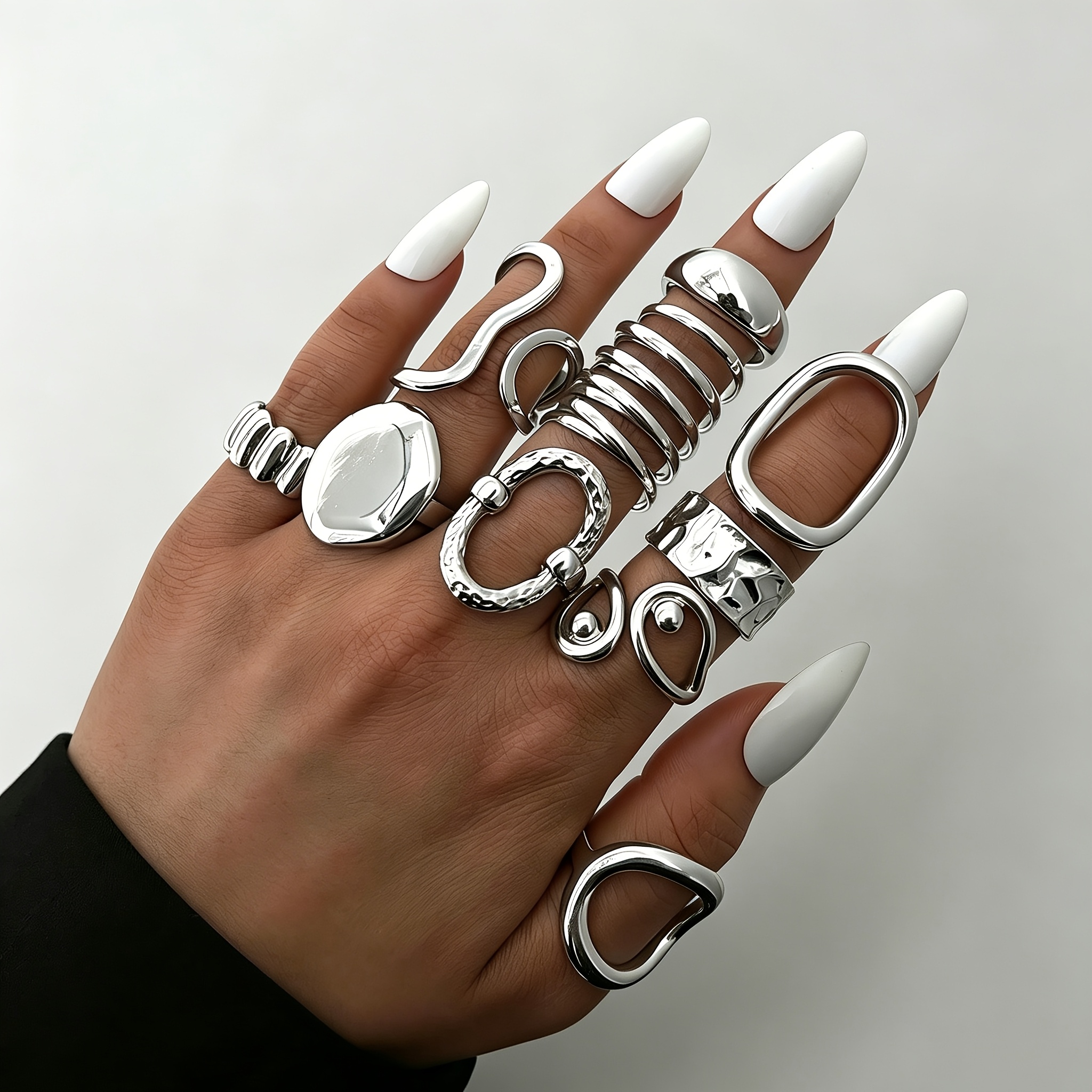 TEMU A 10pcs Set Of Vintage, Elegant Gothic-style Rings, Featuring Hollow, Asymmetrical Geometric Teardrop-shaped Openwork Rings Designed For