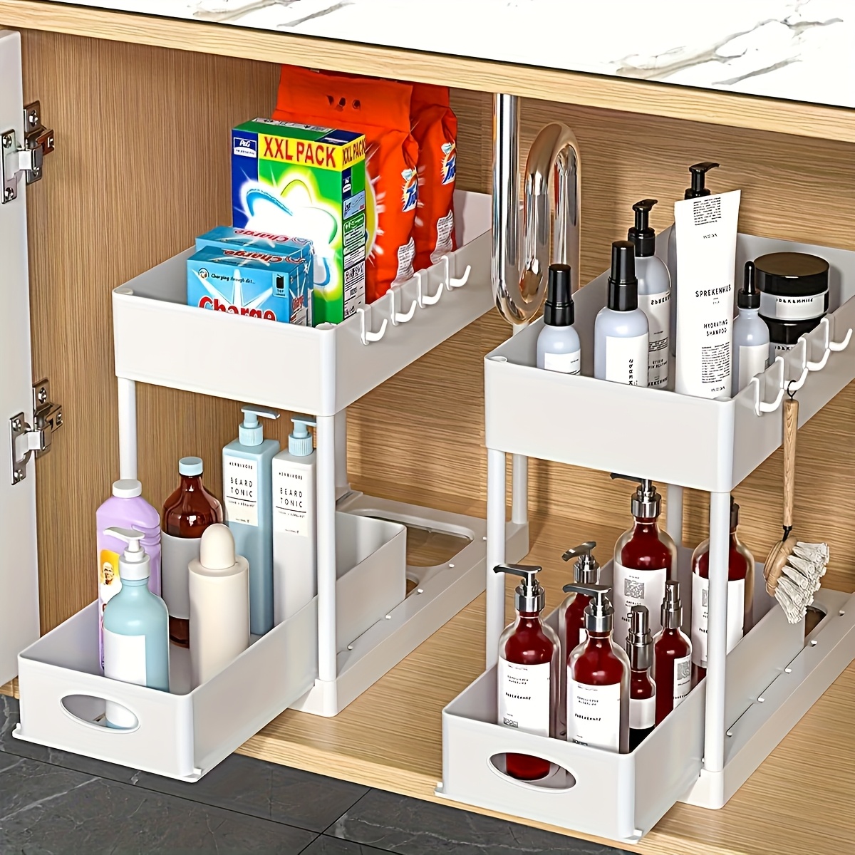 TEMU 2pcs Sliding Cabinet Basket Storage Drawer | Under Sink Organizer, Bathroom Cabinet Organizer, Organizer, Bathroom Under Counter Storage