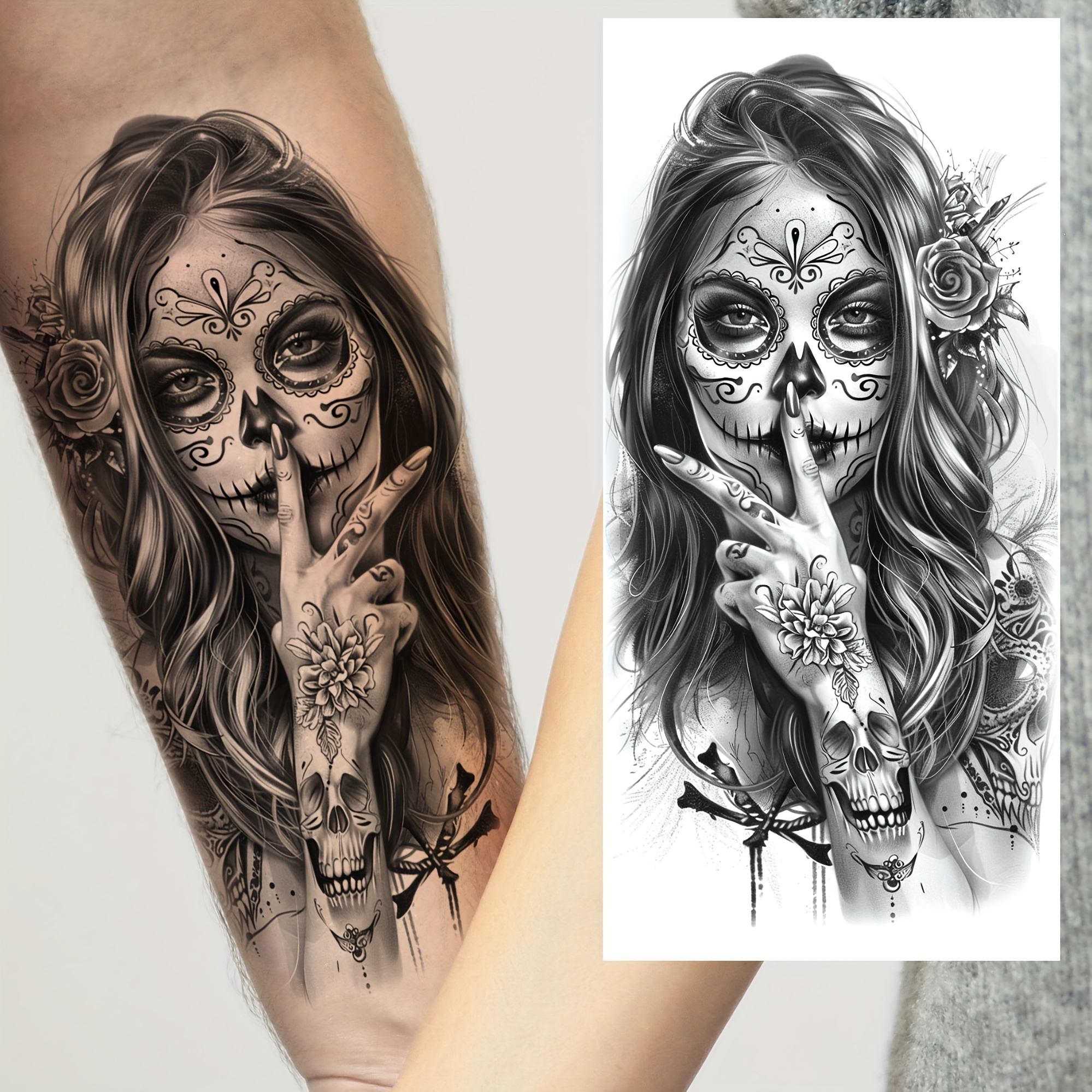 Kit Bandeau Jour Des Morts - Serre-tête Crâne Et Roses Noires - Avec Tatouages Temporaires + Collants - Halloween Carnaval
