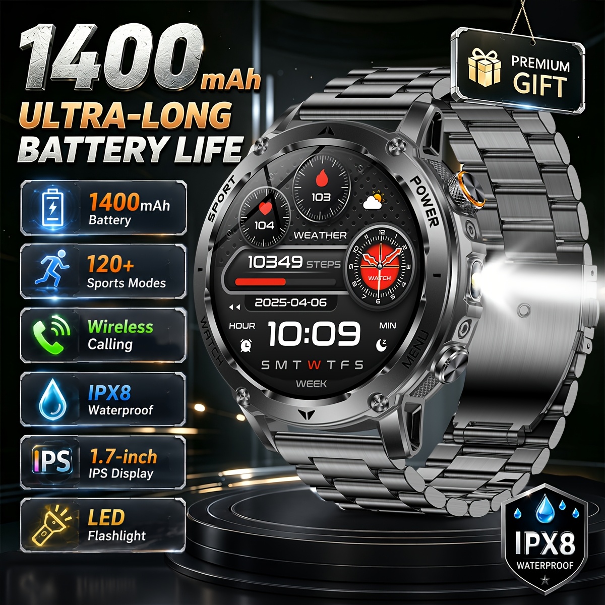 2026 Latest Model Men's Smartwatch with 1400mAh Battery