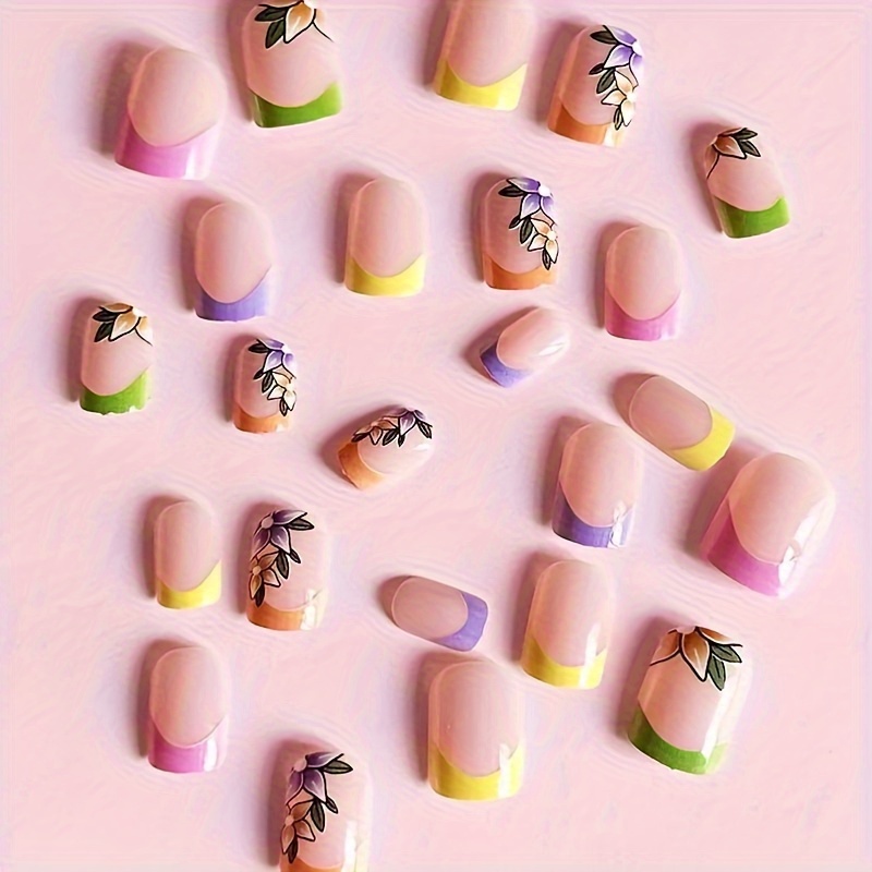 24pcs box glossy short square fake nails colorful french tip press on nails flower pattern spring summer false nails for women details 1