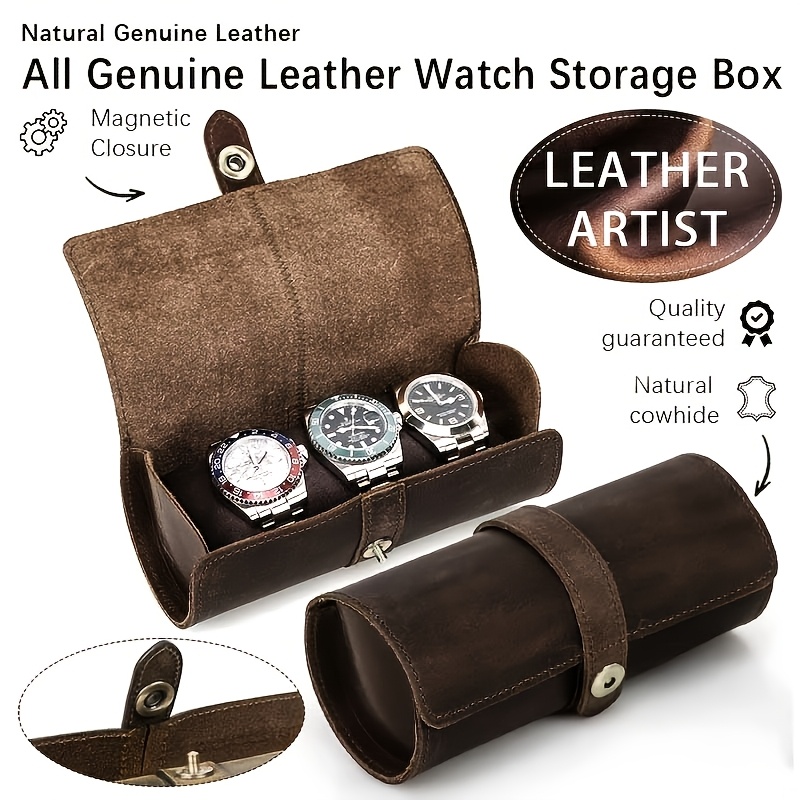 TEMU Top Layer Cowhide Handmade Vintage Leather Cylindrical Mechanical Watch Box Travel Portable Watch Storage Case