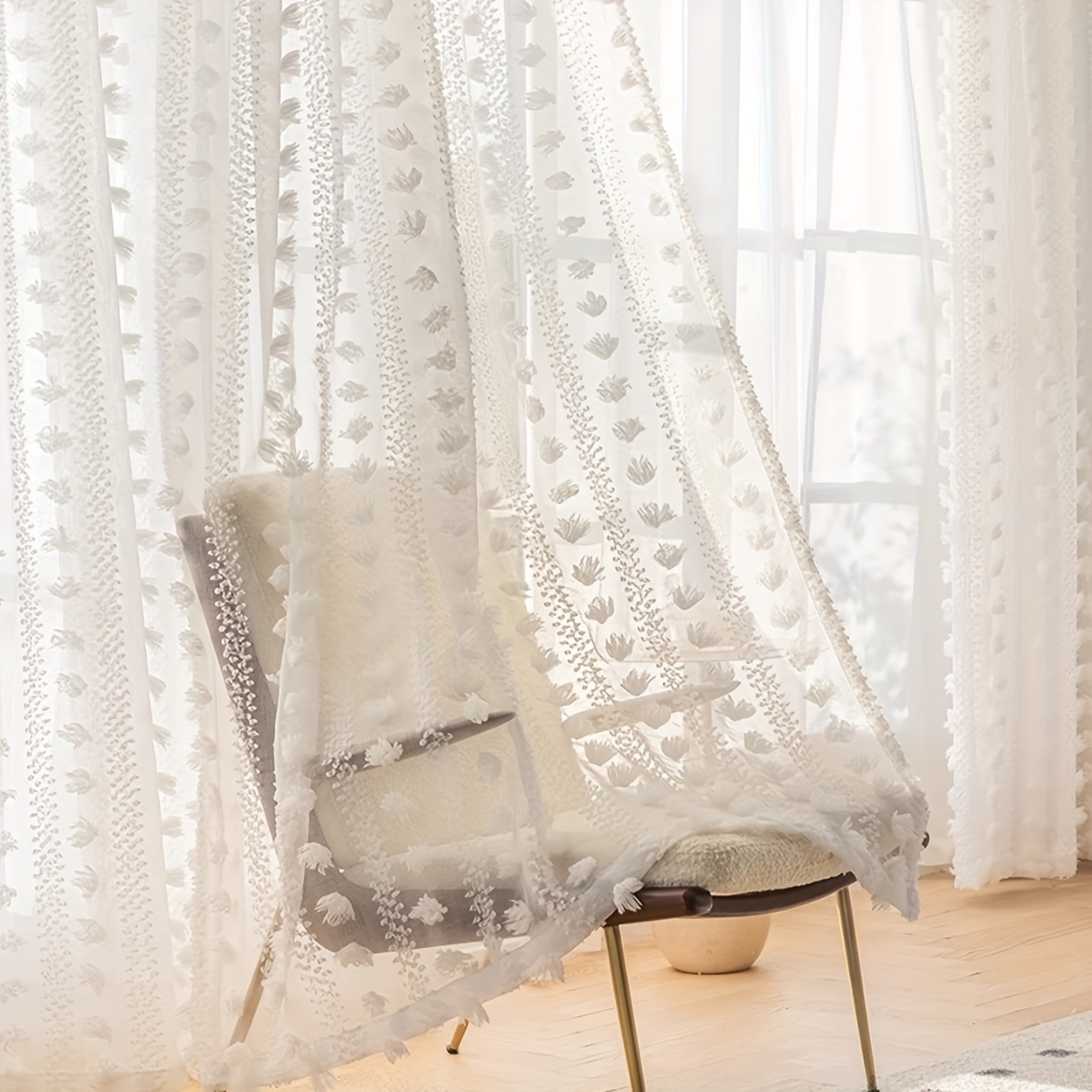 

Chic French Country-style Sheer Curtain With Pom-poms - Light Filtering, Rod Pocket Design For Living Room & Bedroom Decor