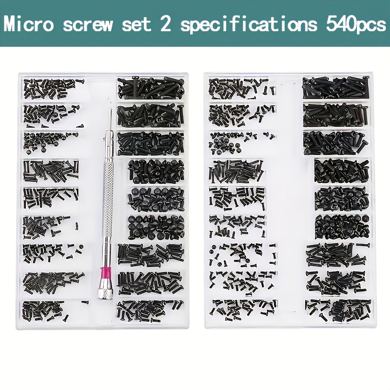 540pcs precision screwdriver set with tweezers size chart rust proof carbon steel micro screws for glasses watches jewelry repair   flat round head sizes m1 4 m2 0
