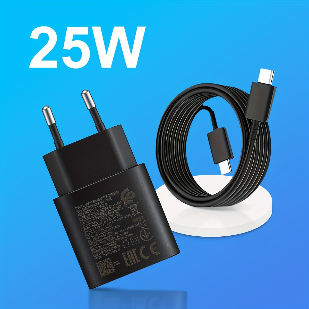 

Chargeur rapide USB C 25W avec prise européenne, adaptateur secteur mural pour Samsung Galaxy S24/S23/S22/S21/S20/Note 20/10/A54/A53/Tab/Z Fold/Flip, câble de charge USB Type-C inclus