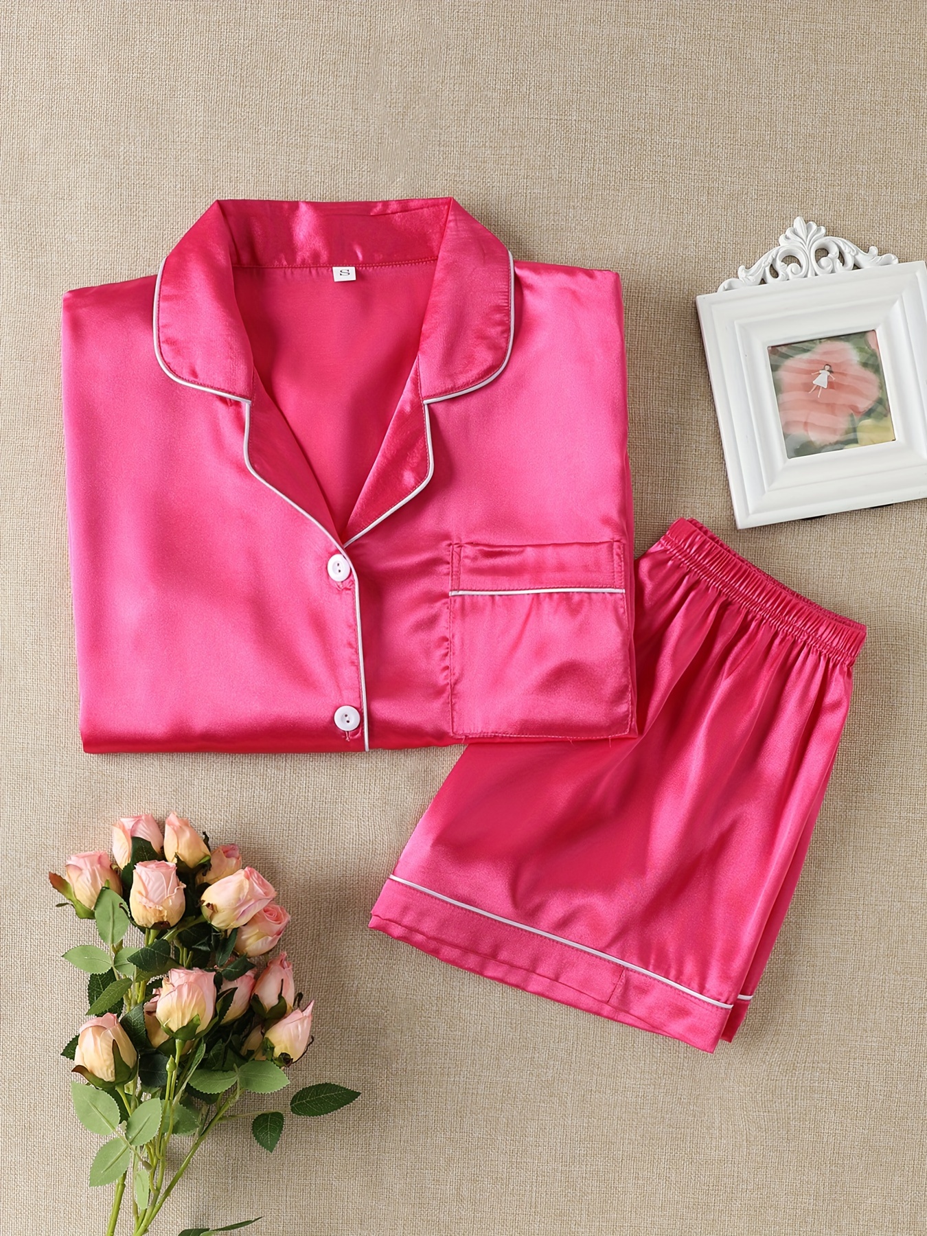 Solid color satin pajamas, comfortable button top and comfortable shorts pajama set. Women's pajamas and casual wear.