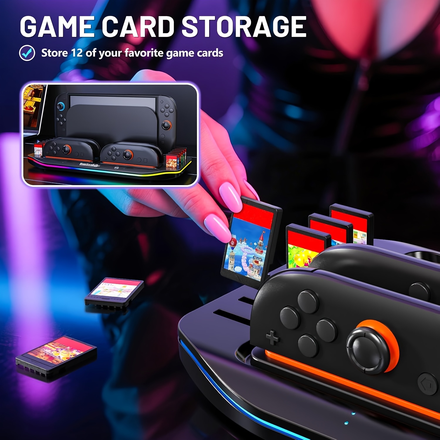 for   switch 2 charging dock with 12 game card storage, 9 rgb light  , magnetic plug-in   control charger station   switch 2 dock Product details 4