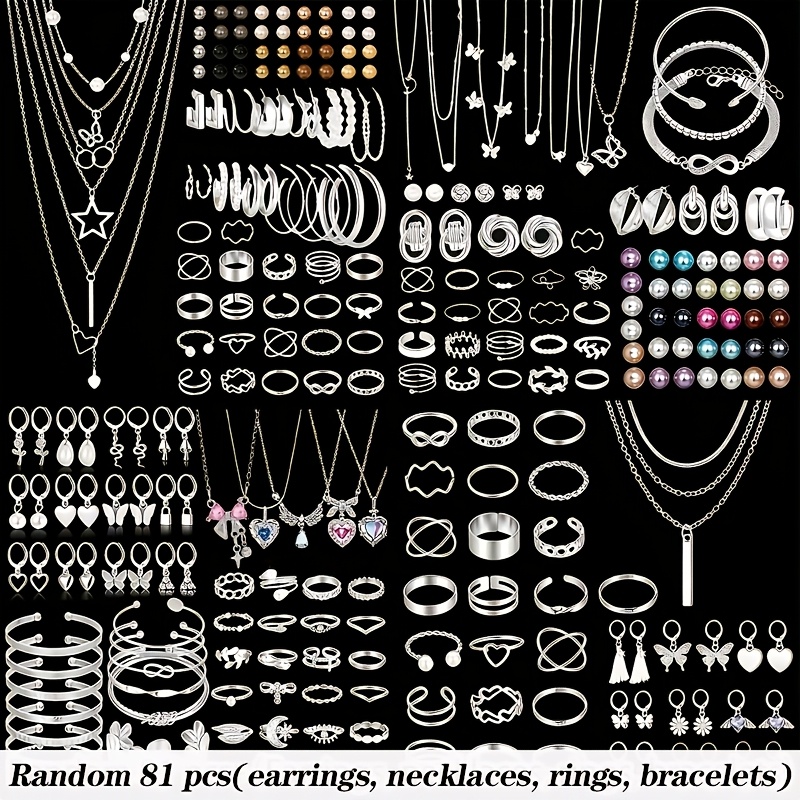 TEMU Random 81pcs Set Women's Jewelry Set Fashionable Luxurious Elegant Premium Old Money Style Artificial Pearls Heart Bow Knot Twist Bohemian Style