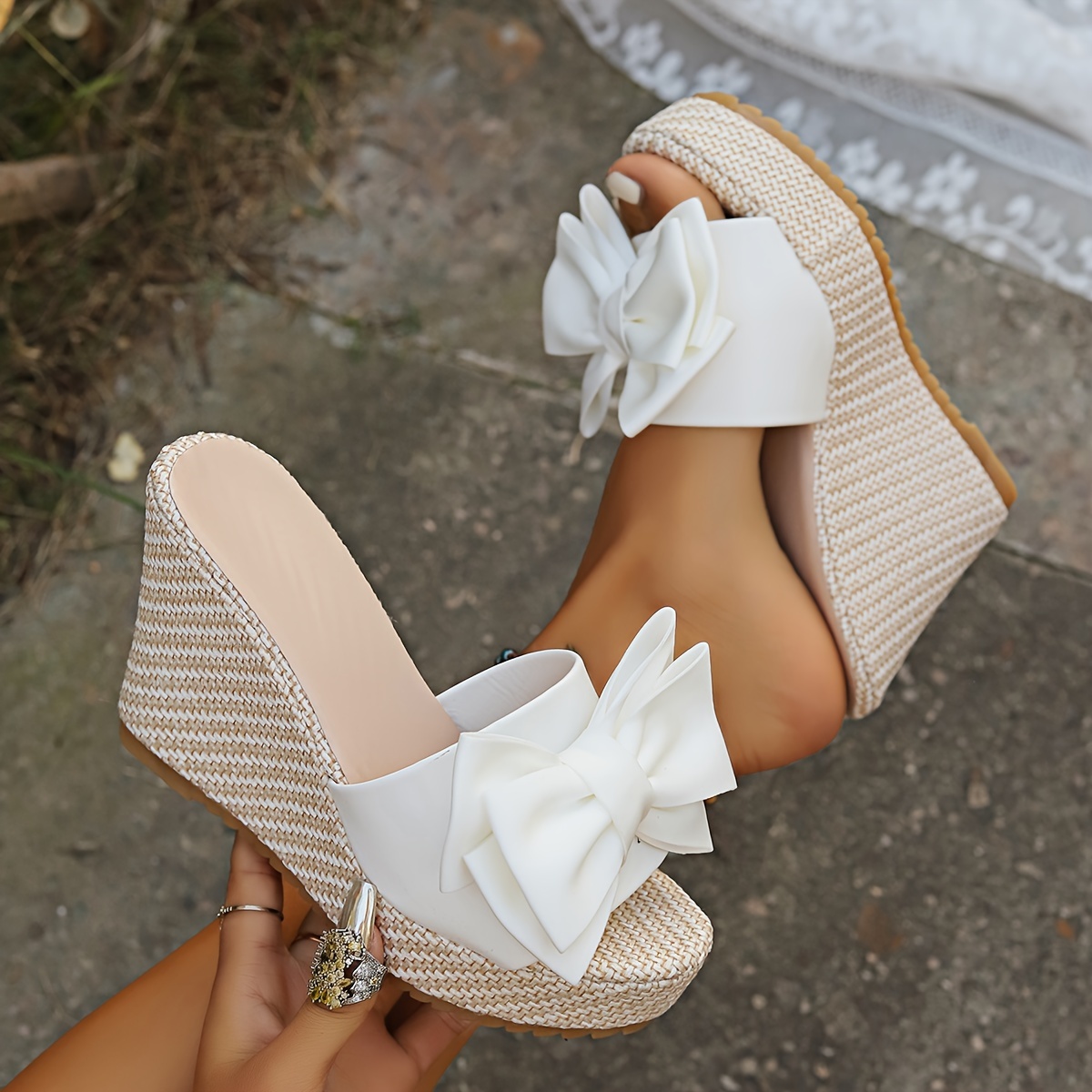 

Women's Bowknot Decor Wedge Heeled Sandals, Casual Open Toe Platform Shoes, Comfortable Slip On Sandals