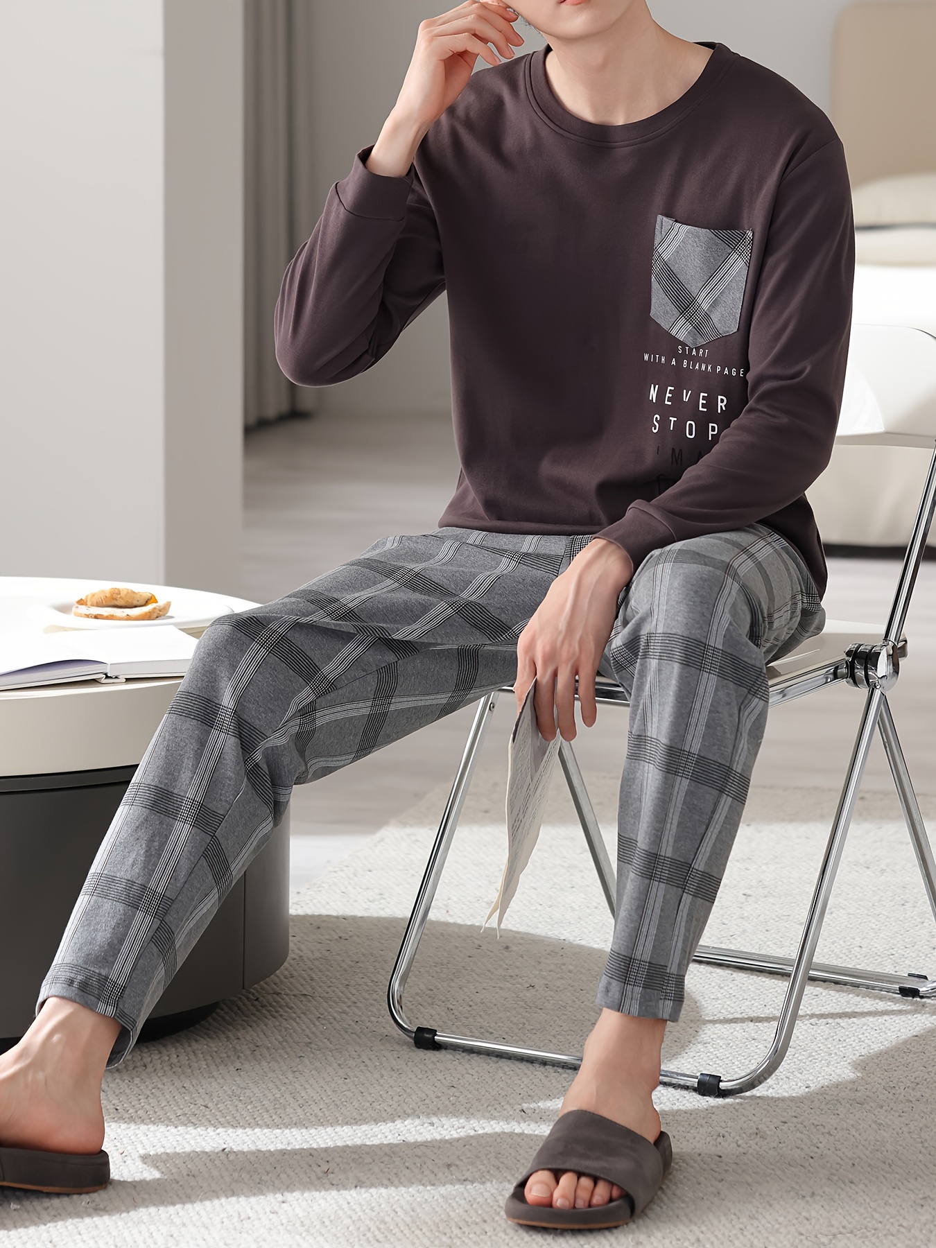 1set Men'S Casual Cotton Pajama Set, Long Sleeve Round Neck Sleepwear with Pockets, Loose Fit Knitted Pullover for Spring/Autumn - Comfortable Thin Cotton Outfit