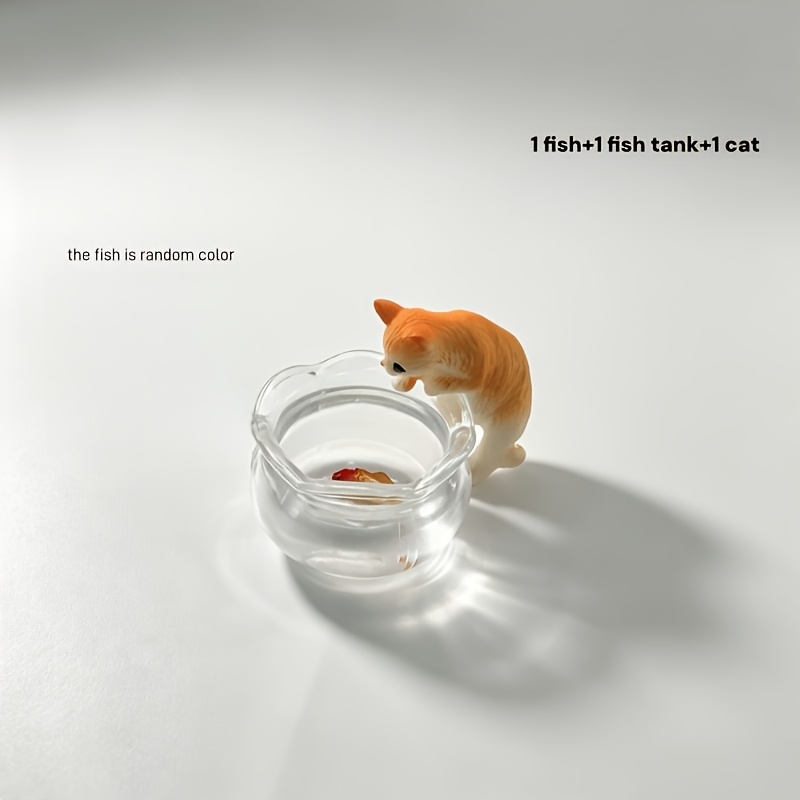 TEMU Set di 3 statuette da , pesce in resina ( casuale) e gatto con vasca vuota in plastica, decorazioni intercambiabili per casa delle bambole,