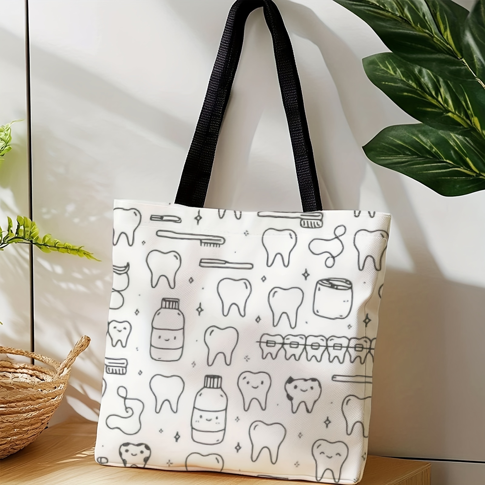 TEMU 1pc Shopping Tote Bag, Portable Shoulder Bag, Tooth Cleaning Theme, Cute Tooth Illustration And Black And White Graffiti Pattern, Suitable For