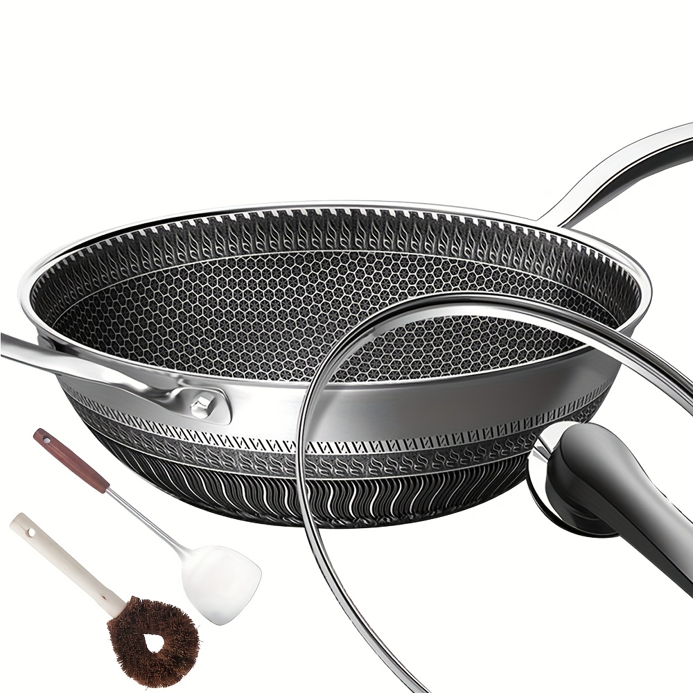 TEMU 13.3inch Stainless Steel Wok With Lid And 2pcs Cookware Accessories, Honeycomb Design, Pan, Induction Cooker, Electric Ceramic Stove And Kitchenware