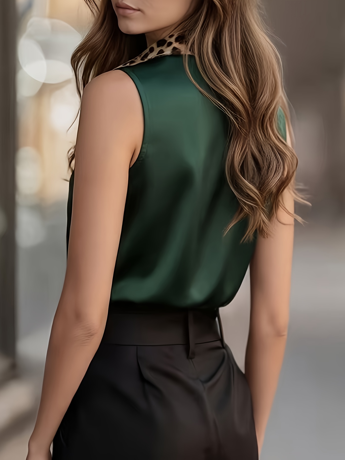 womens elegant shirt classic collar leopard     sleeveless button up blouse for women machine washable office casual wear   professional casual attire smooth satin fabric   details 0