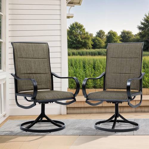 pair of brown outdoor swivel patio chairs with plush padding sturdy metal frame 360 degree rotation for patio porch garden patio chair cushions porch furniture weatherresistant furniture