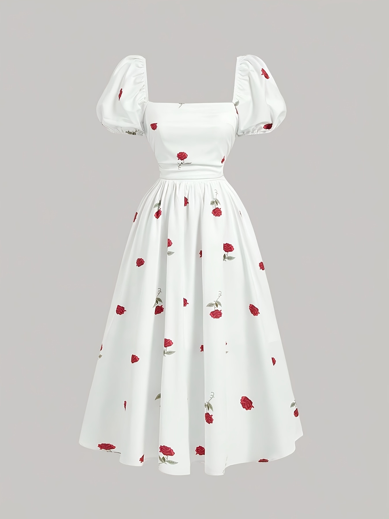 white background rose flower bubble sleeve empire waist - Temu Oman
