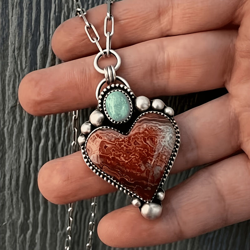 TEMU 1pc Vintage Western Style Distressed Red Heart Turquoise Inlay Pendant Necklace, Suitable For Women', Party, Travel Wear Jewelry Gift