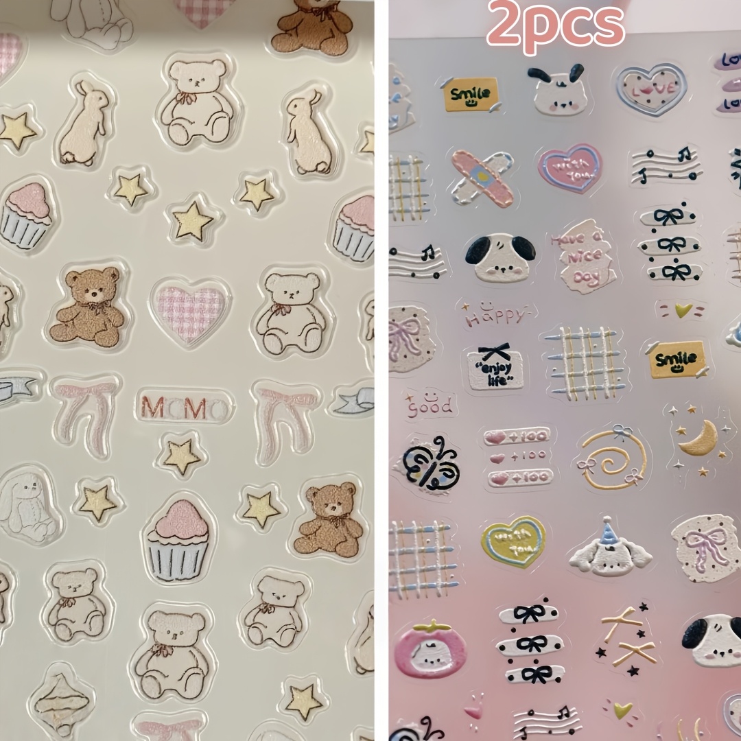 Image of 2pcs Cartoon Nail Stickers | Embossed Rabbit Ears, Bows, Hearts, Dogs, And Plaid Patterns | Self-adhesive, Waterproof | Suitable For Nails, Ipad, And Planners