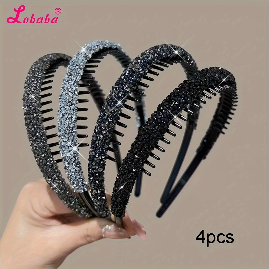 

4pcs Set Of Sparkling Diamond Women's Hairbands With Anti-slip Teeth To Crush Hair, Forehead Fixed Hair Ties And Bangs Headband