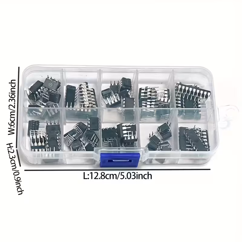 juego de 85 piezas de chips de circuitos - un de plástico con 10 ics (ne555, lm393, ua741, pc817, uln2803, lm324, lm386, uln2003, ne5532, ) para reparaciones , sin alimentación Detalles del producto 1