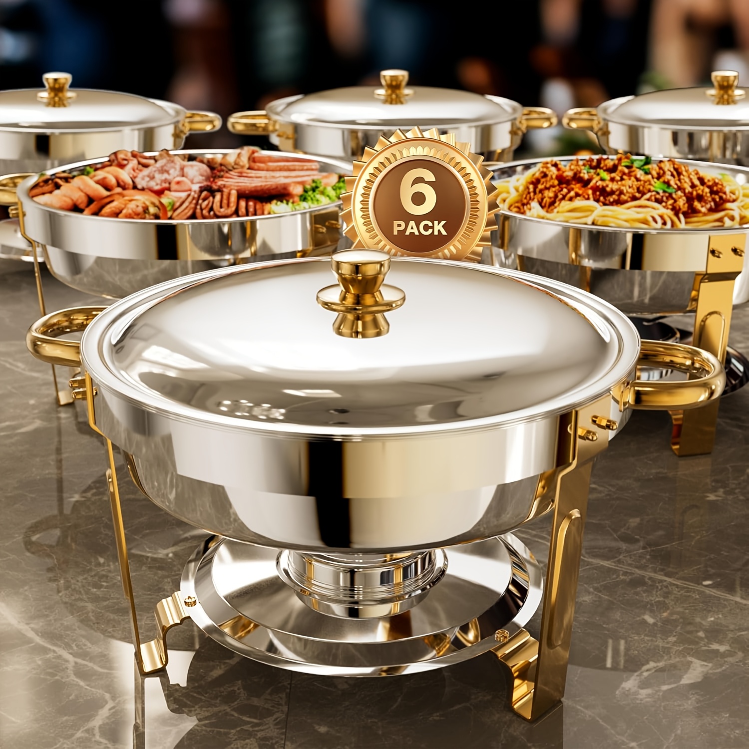 TEMU Lot de 6 réchauds ronds mi-plaqués or en acier inoxydable avec couvercle en acier inoxydable, ensemble de réchauds de buffet pour réunions