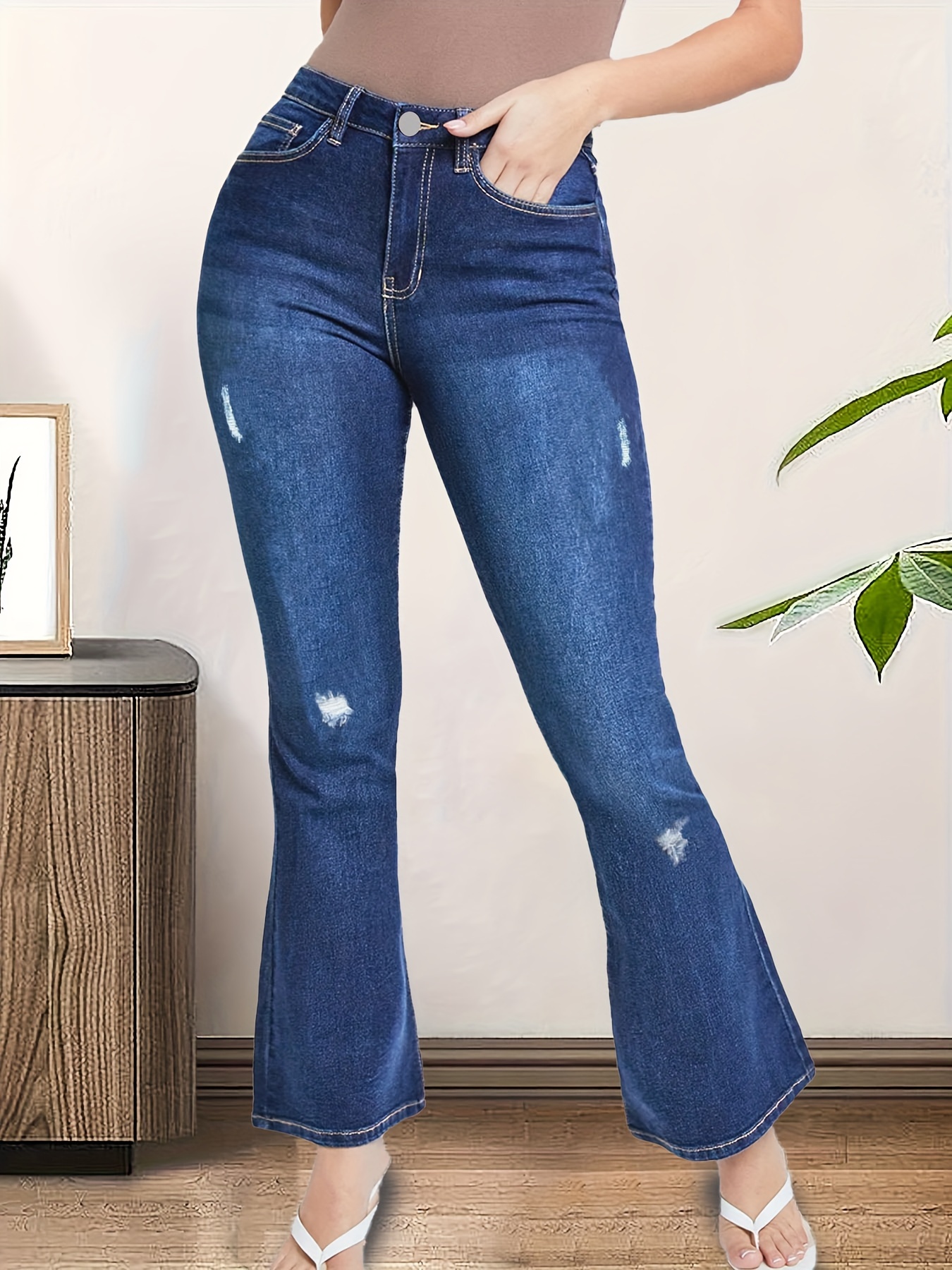 Dark Washed Stretchy Bootcut Jeans Solid Color Whiskering - Temu
